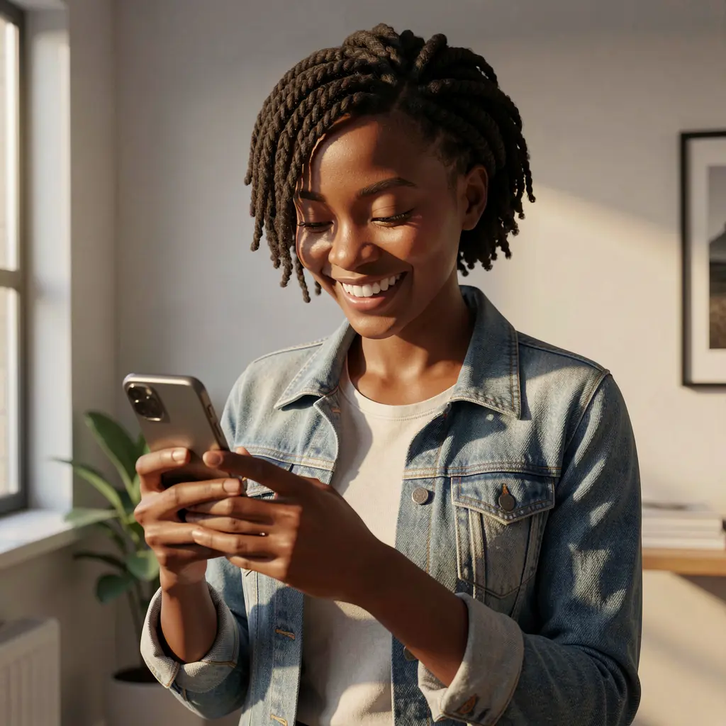 Stylish Nigerian woman smiling while using the CU8 Game mobile casino app on her smartphone in a modern indoor setting