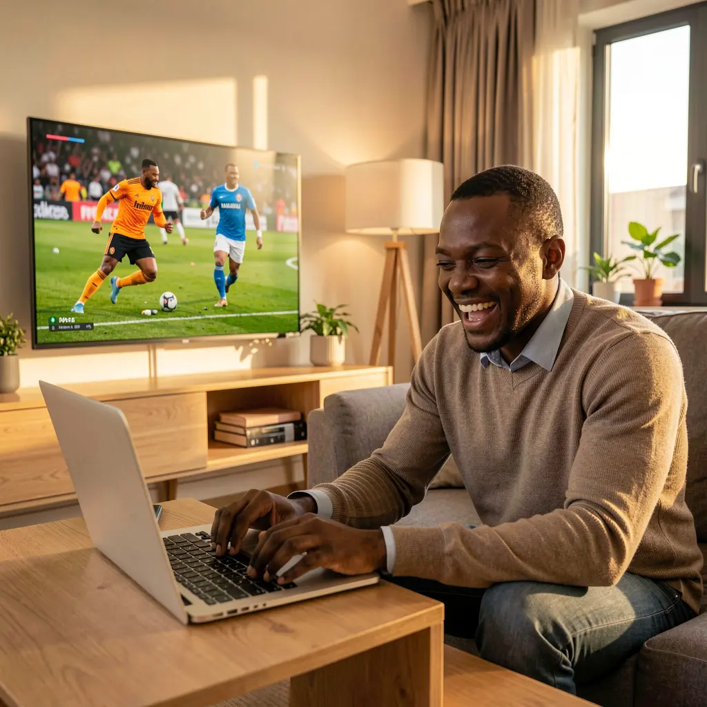 Nigerian sports enthusiast celebrating a winning bet made through CU8 Game while watching a live soccer match on TV in a cozy living room