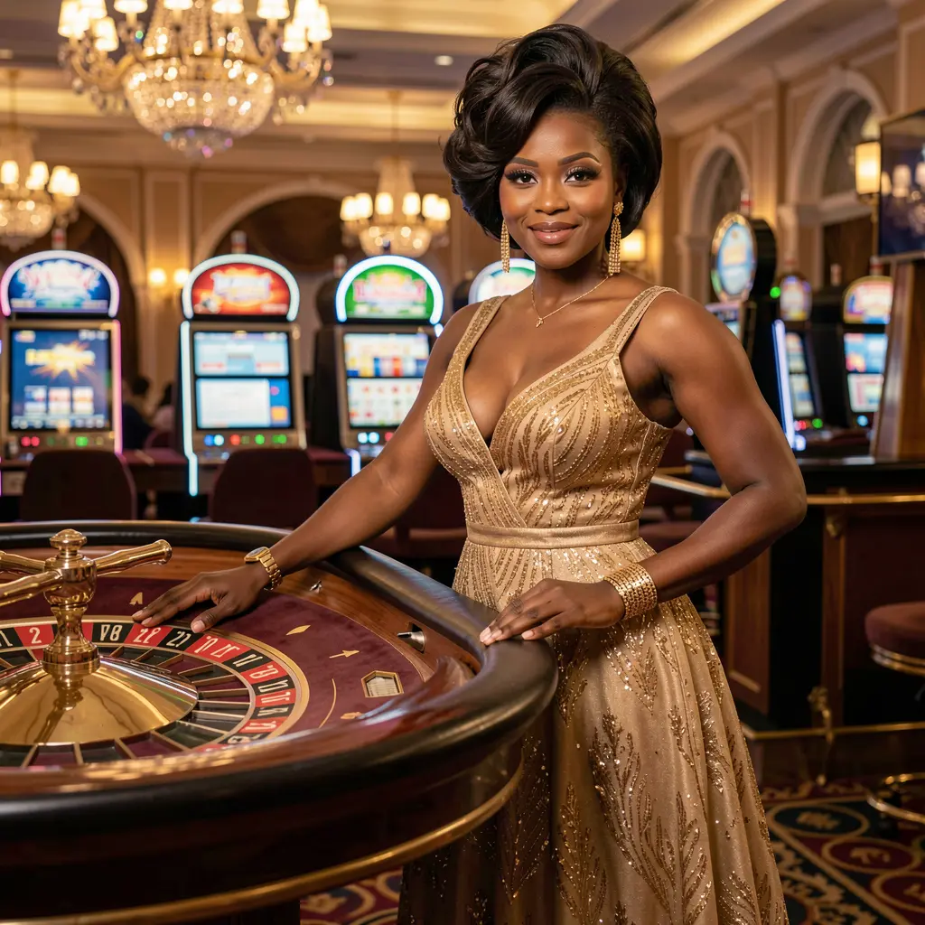 Elegant casino scene with a glamorous woman in a luxurious gold dress at a roulette table highlighting the premium gaming atmosphere of CU8 Game for Nigerian players