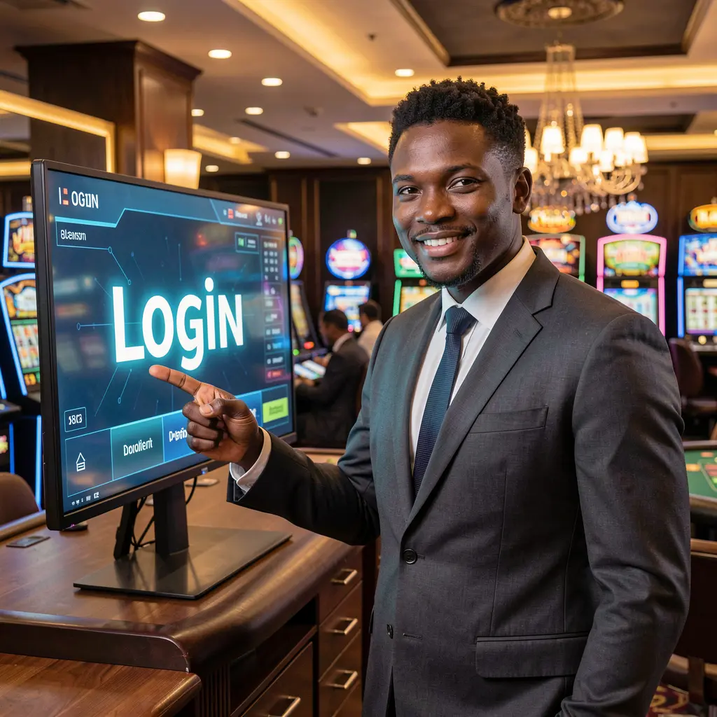 Stylish Nigerian CU8 Game representative pointing at a glowing login screen in a modern casino setting symbolizing trusted account access